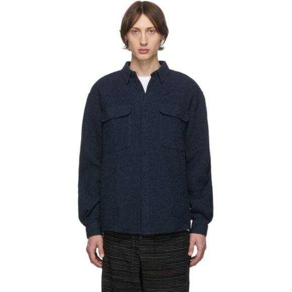 Schnaydermans Navy Wool Waffle Boxy Shirt Jacket - Picture 2 of 8